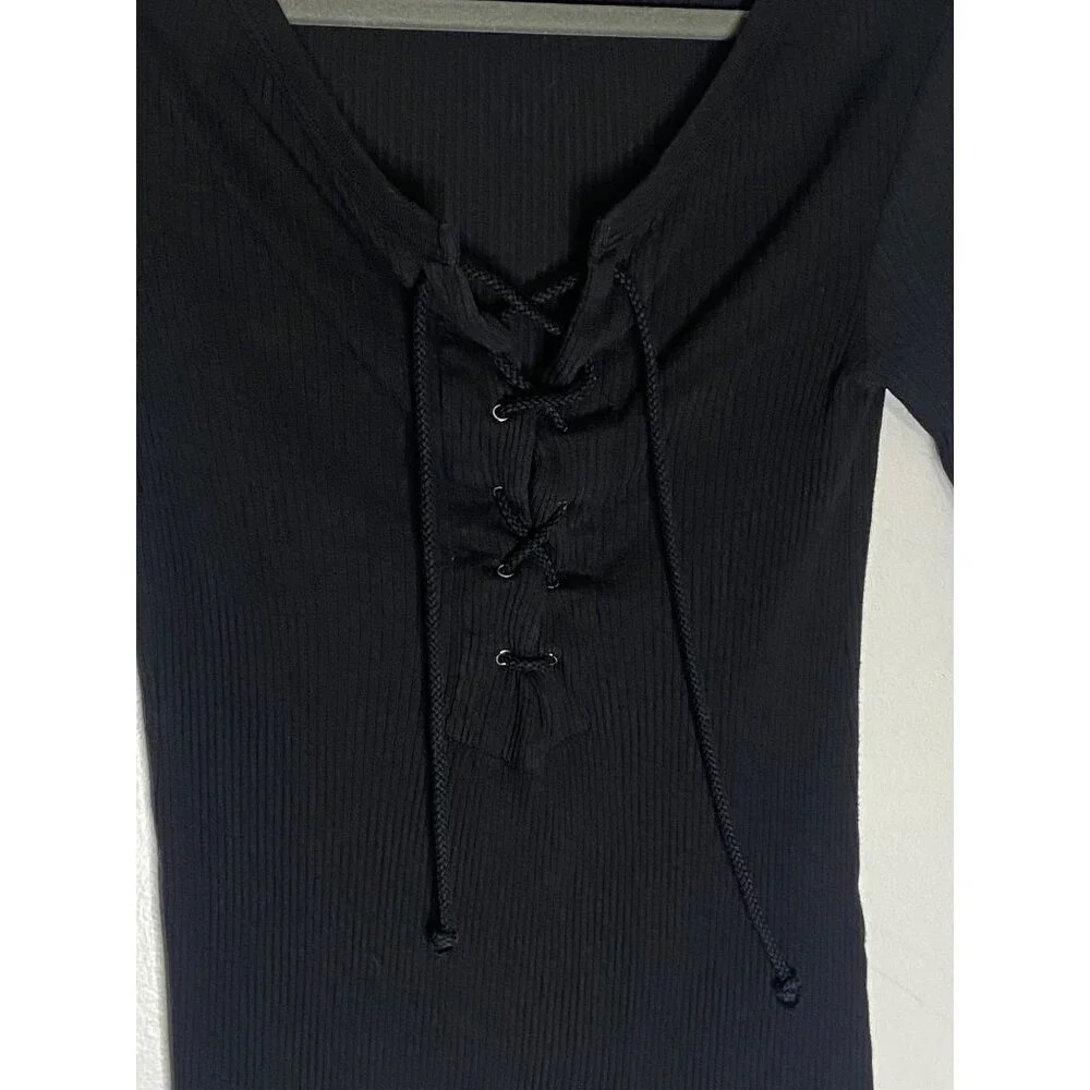 Xirena Black Ribbed Lace-Up Cotton Top-sz XS - Picture 7 of 7